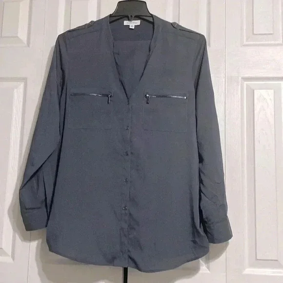 Calvin Klein gray button down blouse top shirt size XL - Picture 1 of 15